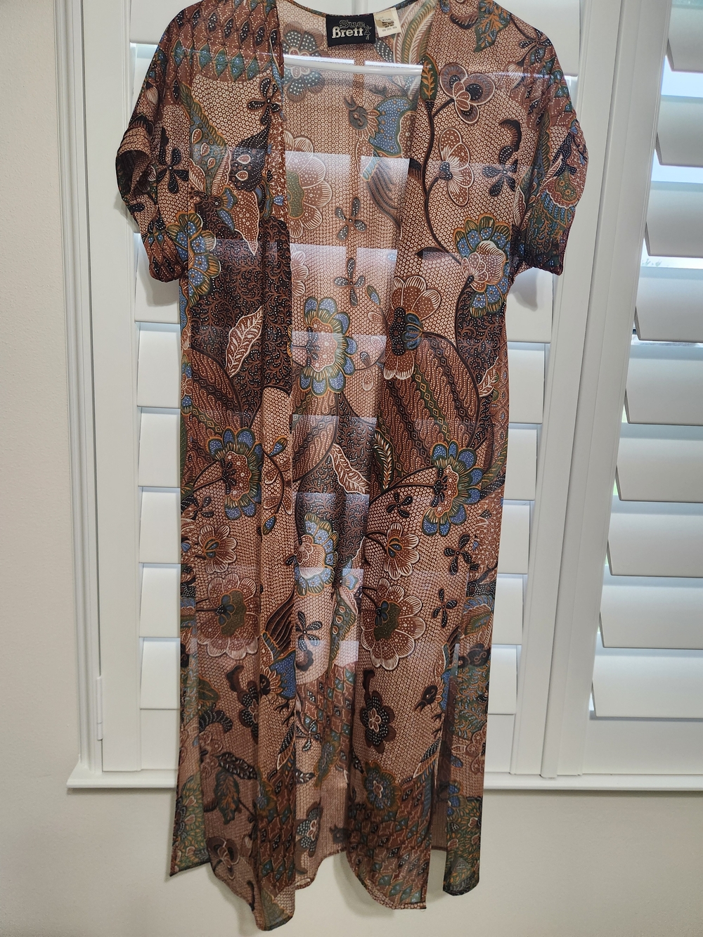 VTG Sue Brett Sheer Short Sleeve Open Front Long Duster In floral print. Sz 9/10 - Picture 2 of 14